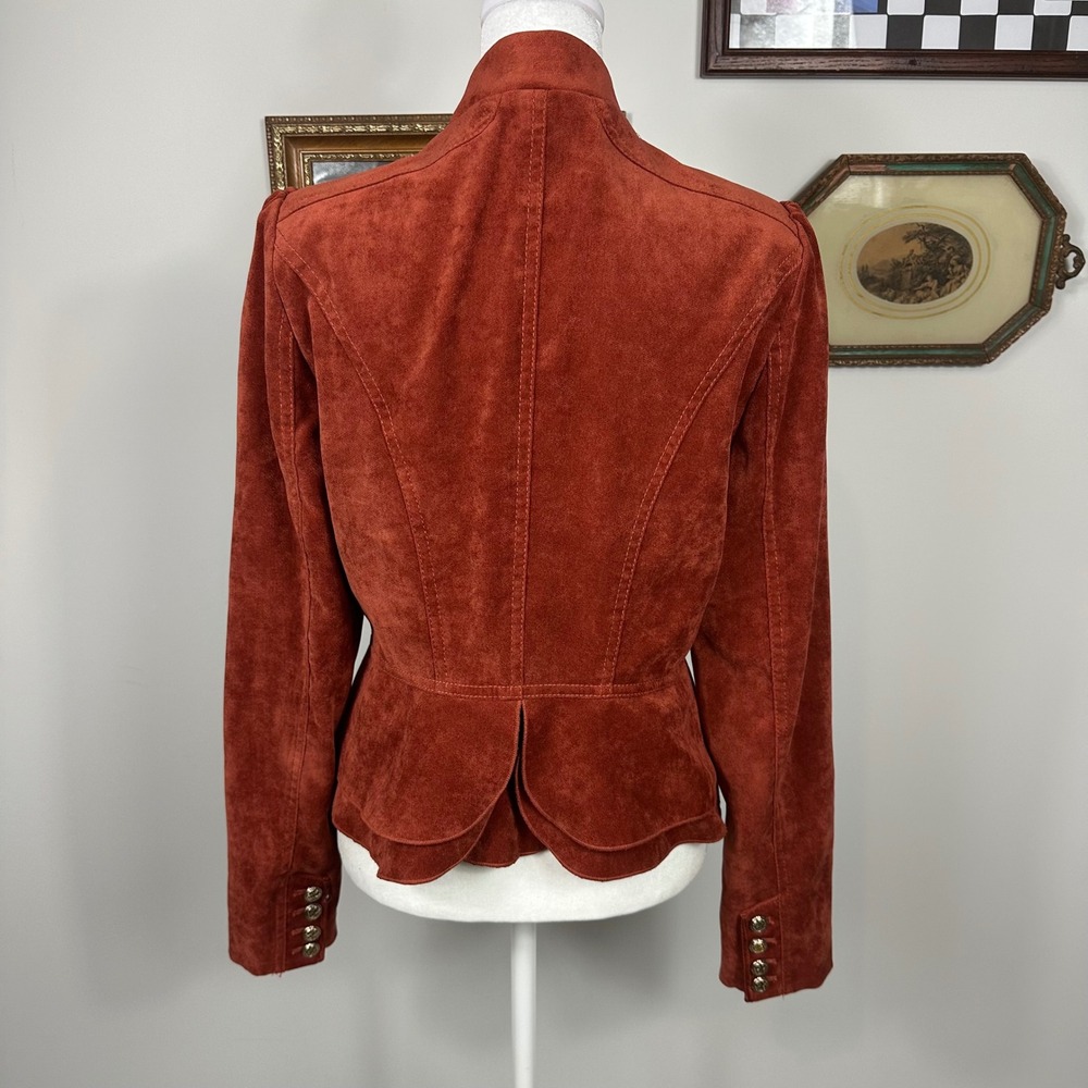 Cass Rust Military Style Jacket - SIZE S Ruffle Velvet Gold Buttons Lightweight - Picture 4 of 7